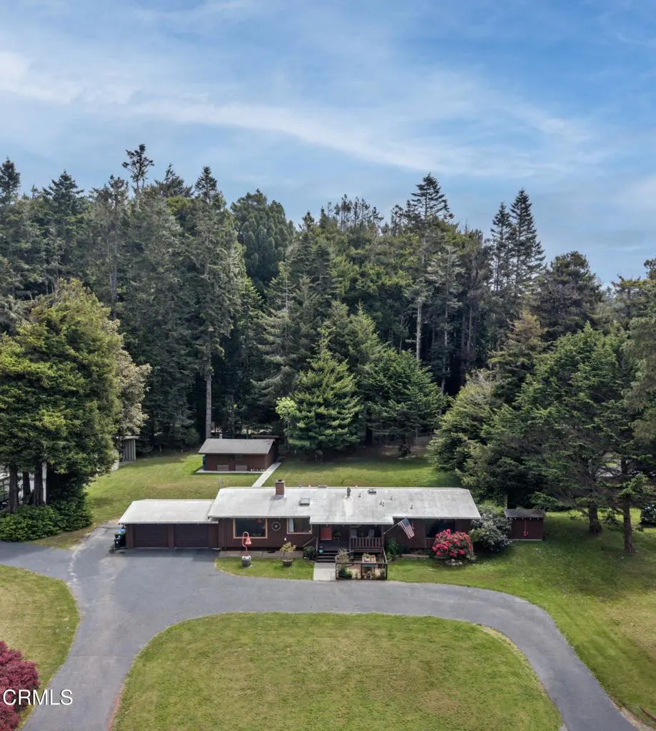 Aerial view of a brown ranch-style house with an American flag, surrounded by green lawn and tall trees under a blue sky.