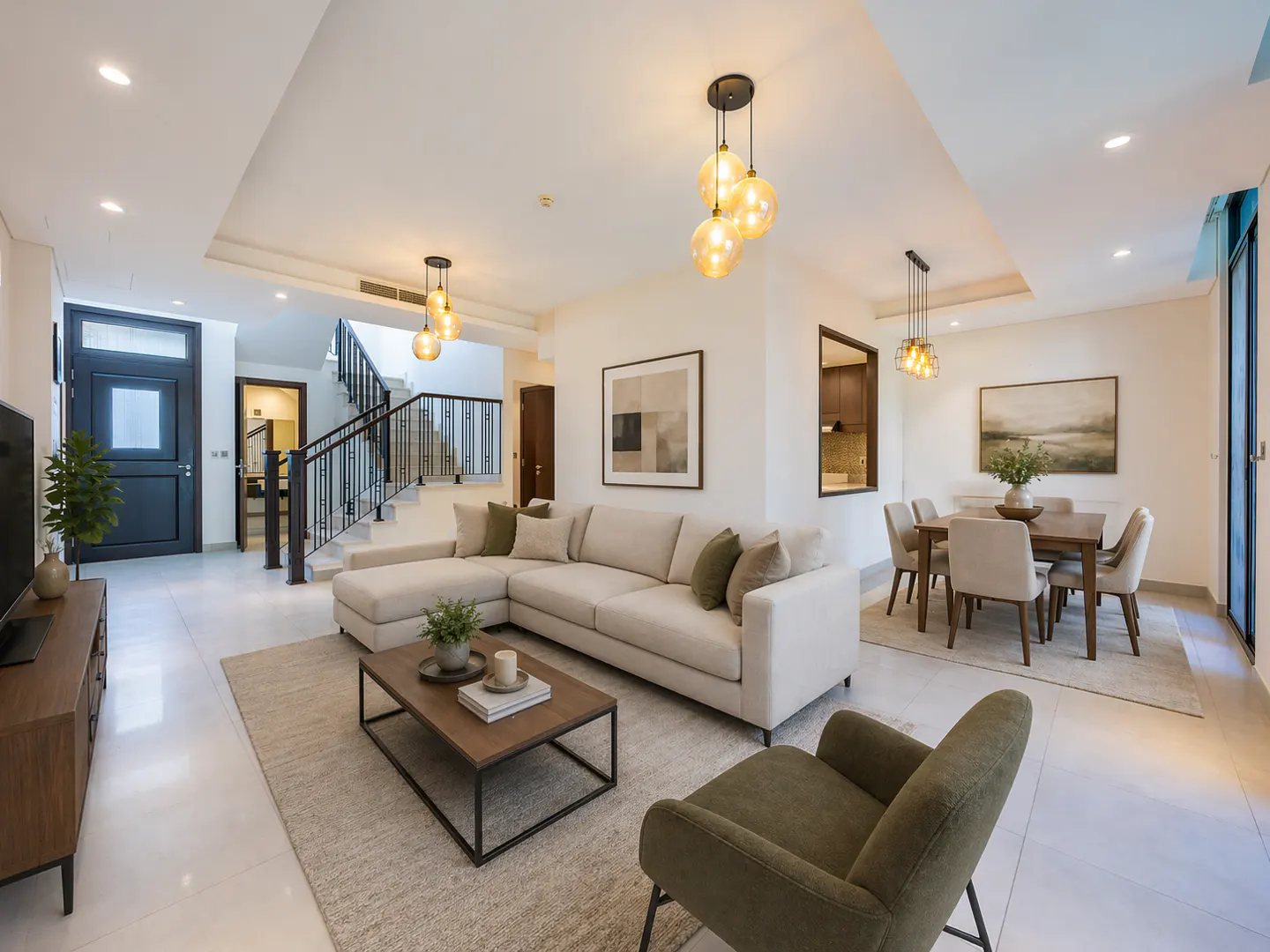 Bright, modern living room with a beige sectional sofa, wood coffee table, and olive green armchair. Dining area and staircase visible.
