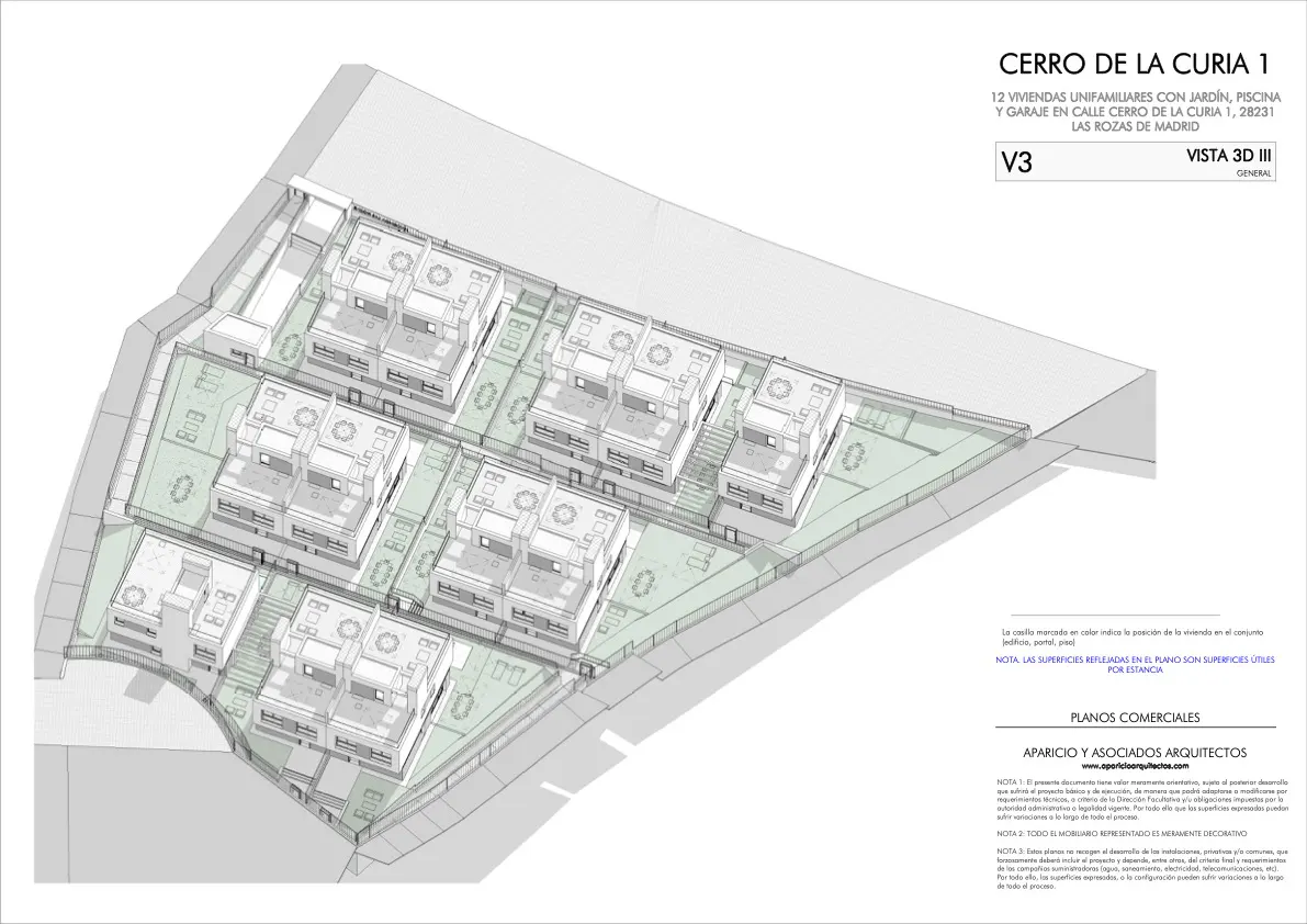 Architectural rendering of 12 detached houses with gardens, pools, and garages in Las Rozas de Madrid, Spain. 3D view.