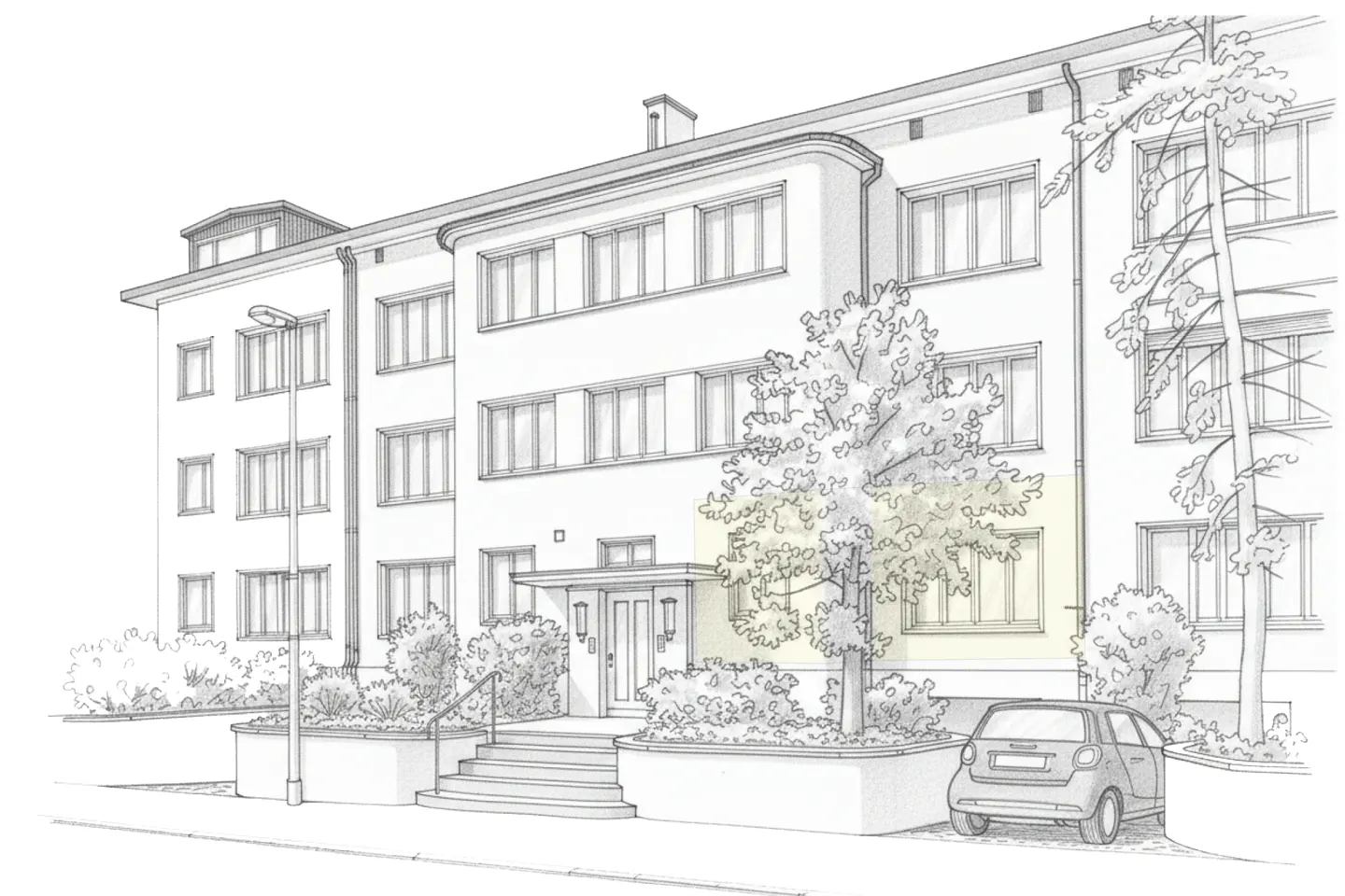 Pencil sketch of a three-story apartment building with a car parked in front.