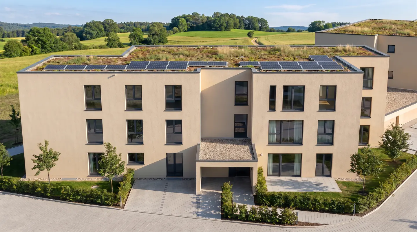 Modern beige apartment building with a green roof, solar panels, and surrounding rural landscape.