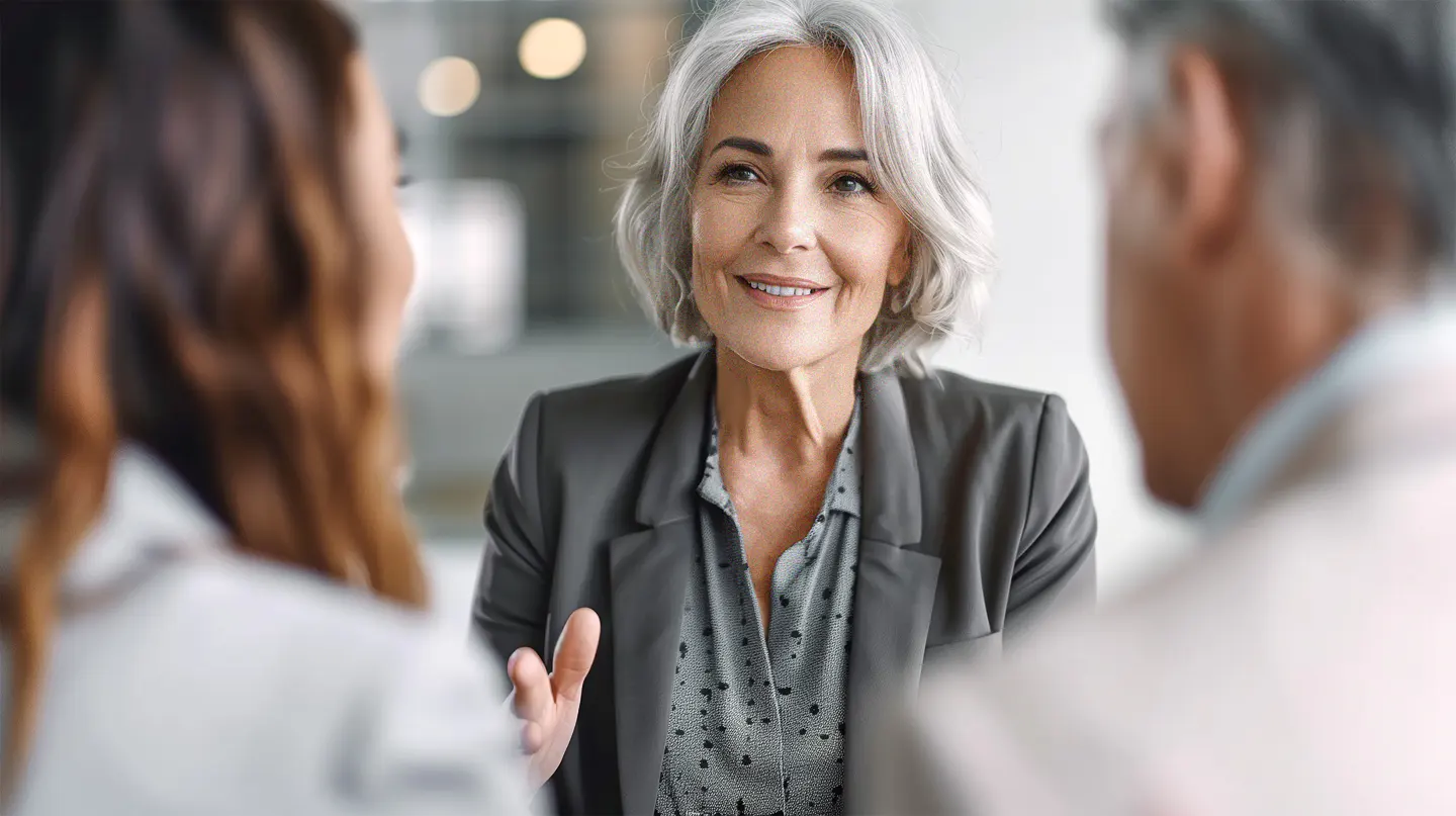 Donna sorridente in conversazione con due persone