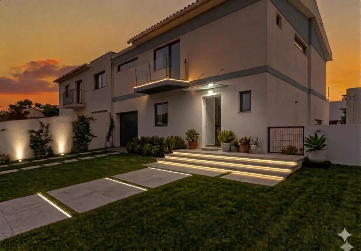 Modern two-story home at sunset with illuminated steps, a landscaped lawn, and warm exterior lighting.