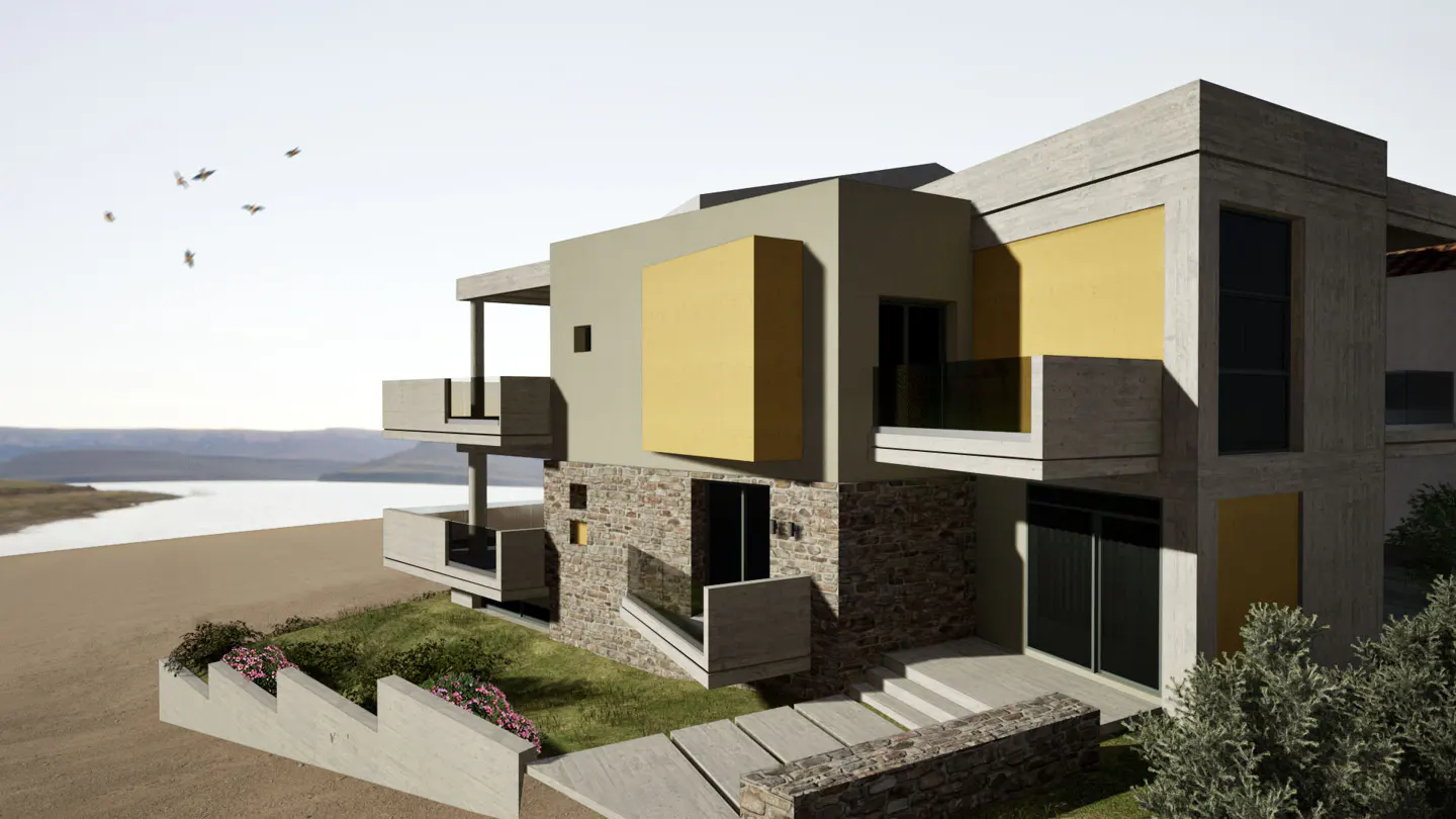 Modern multi-story home with stone and yellow accents, balconies, and a scenic waterfront view at sunset.