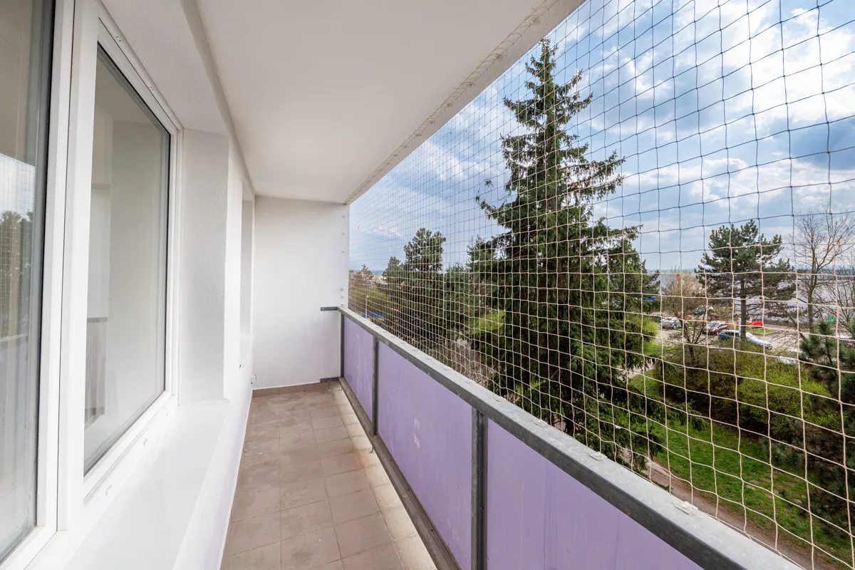 A balcony with a safety net overlooks trees and a cloudy sky. The balcony has a purple railing and a tiled floor.