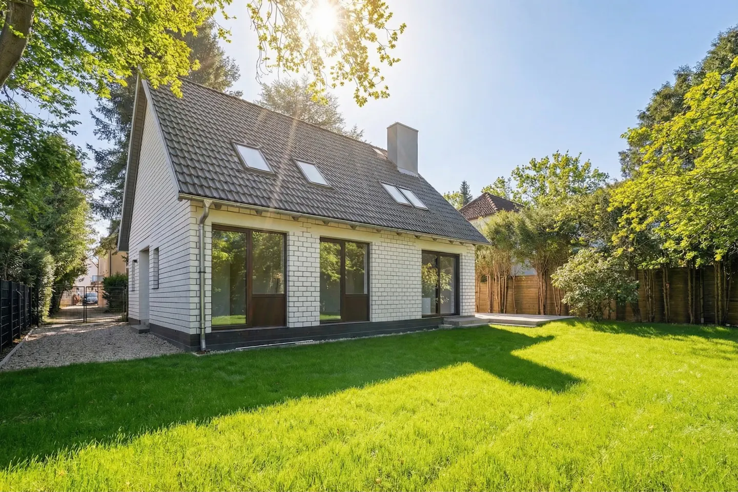 A white brick house with a gray roof and green lawn under a sunny sky.