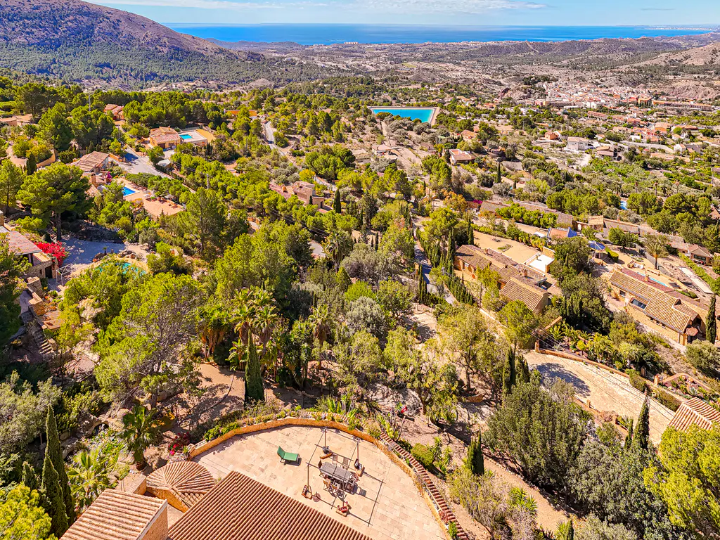 Aerial view of a property with a patio, table, and chairs, surrounded by lush greenery, with a mountain and ocean in the background.
