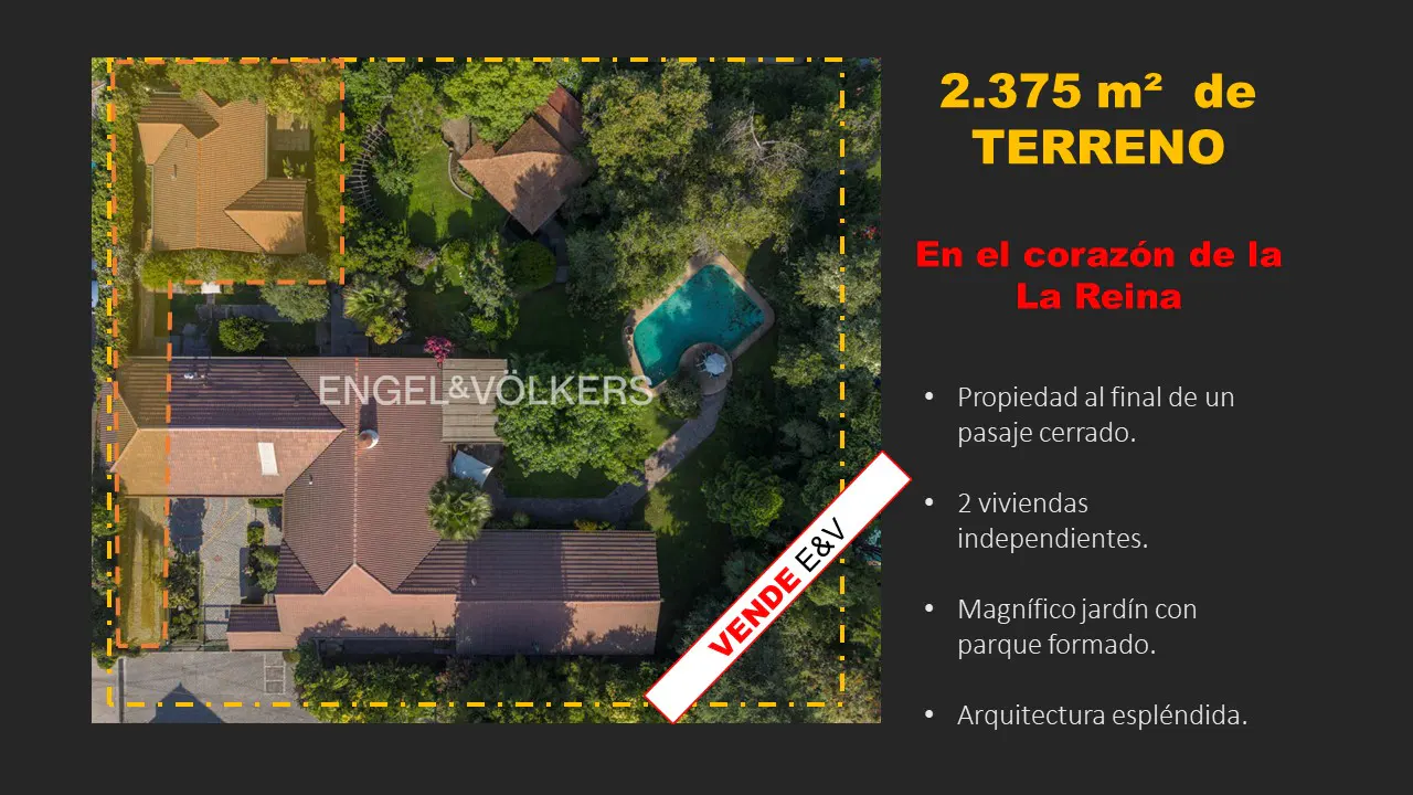 Aerial view of a property with a pool, surrounded by trees, marked with a yellow dotted line, and an Engel & Volkers logo.
