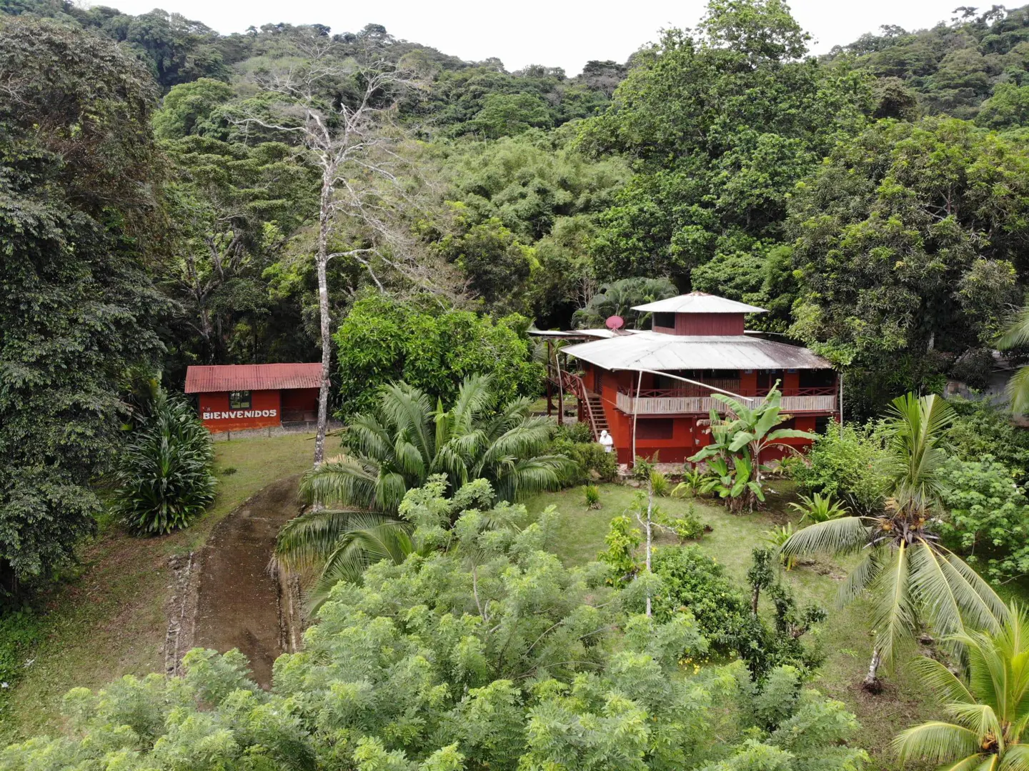 A red house with a white roof is surrounded by lush green trees and vegetation. A smaller red building with "Bienvenidos" is visible.