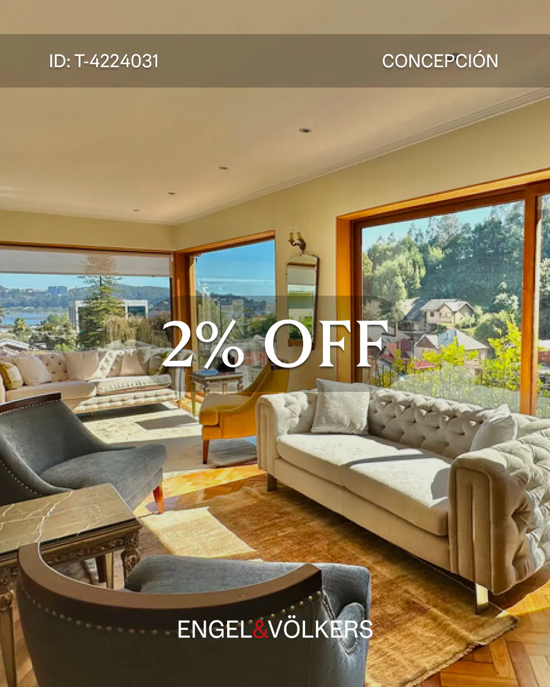 A bright living room with large windows, a beige sofa, and a gray chair. "2% OFF" is superimposed on the image.