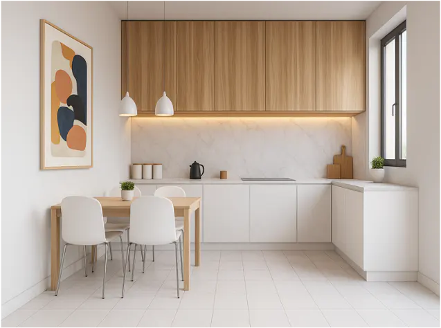 Bright kitchen with white cabinets, wood accents, and a dining table. An abstract art piece hangs on the wall. Natural light streams through a window.