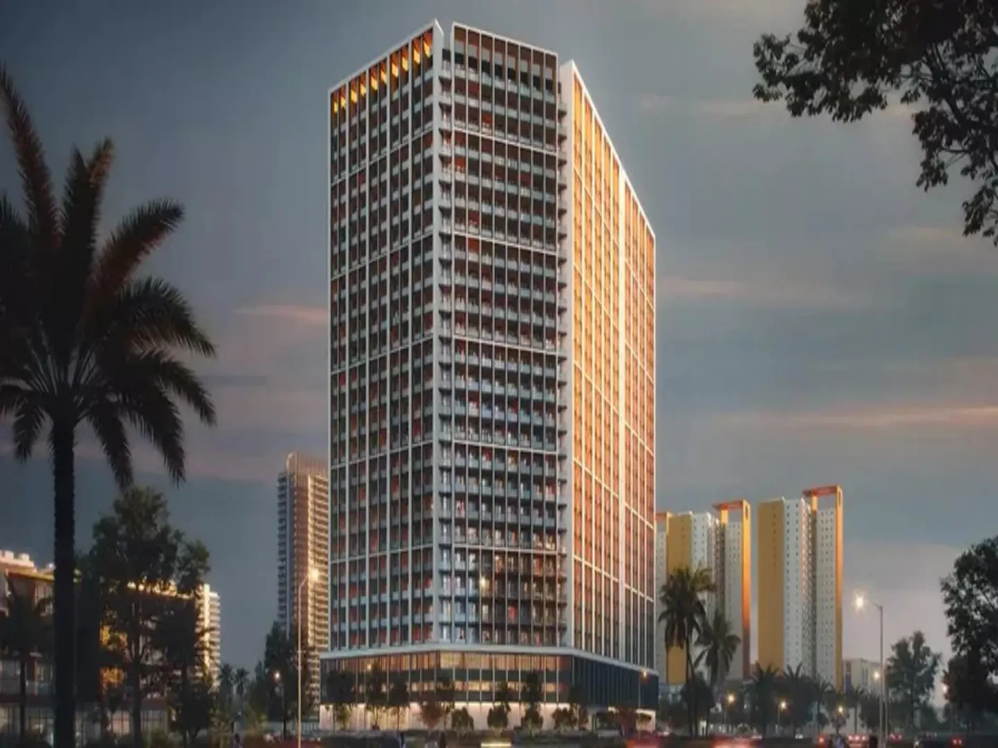 Exterior view of a tall, modern apartment building with white balconies and orange accents, surrounded by palm trees.