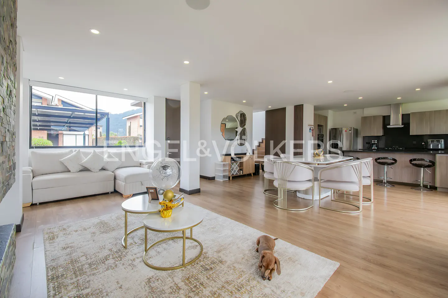 Open-concept living space with a white sofa, round tables, and a dining area with white chairs. A tan dachshund lies on the rug.
