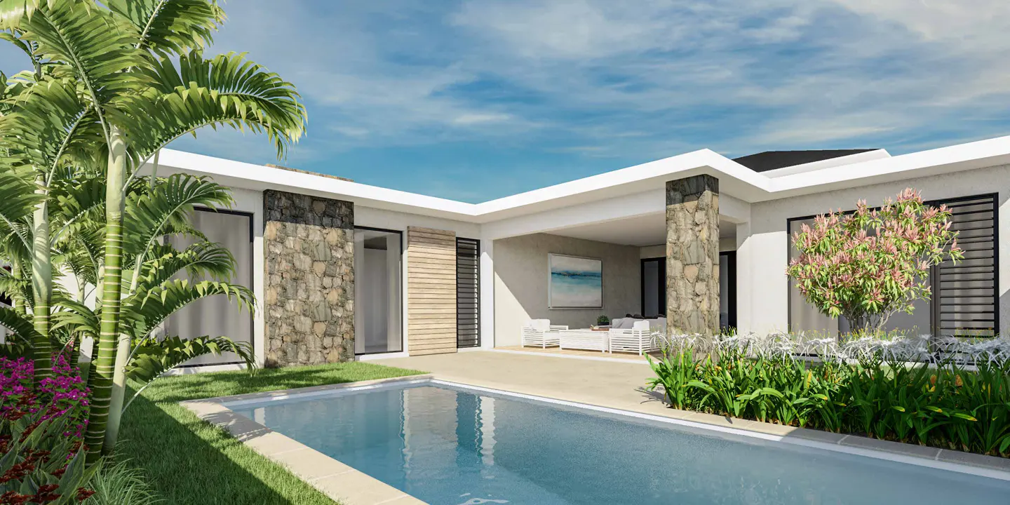 A modern white house with a pool, stone accents, and lush landscaping under a blue sky. Outdoor seating is visible on the patio.
