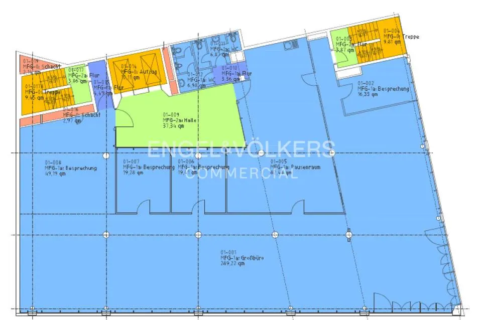 Floor plan of a commercial space with blue, green, orange, and yellow rooms, and the Engel & Völkers logo.
