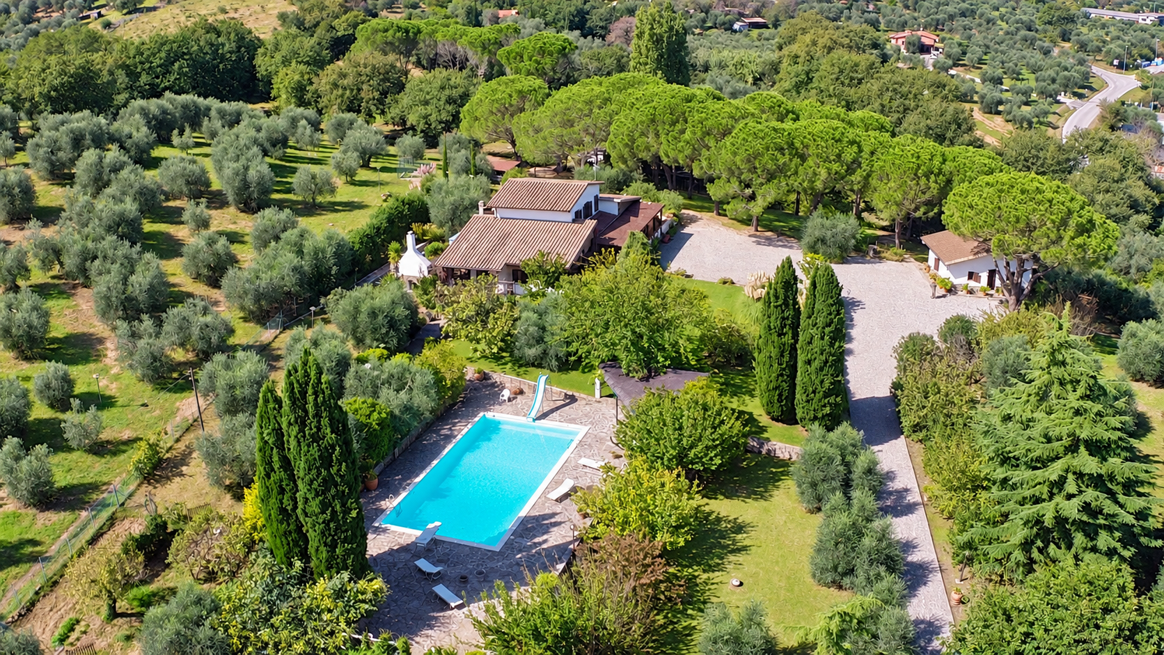 Aerial view of a villa with a blue swimming pool, surrounded by olive groves and lush green trees in the Italian countryside. [AI-generated text]