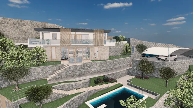 Modern two-story house with a pool on a terraced hillside. Stone walls, green grass, and blue sky. Cars parked under a white awning.