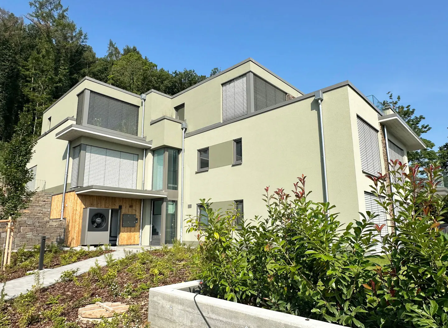 Modern, light green home with gray trim and window blinds. Landscaped yard with trees in the background.
