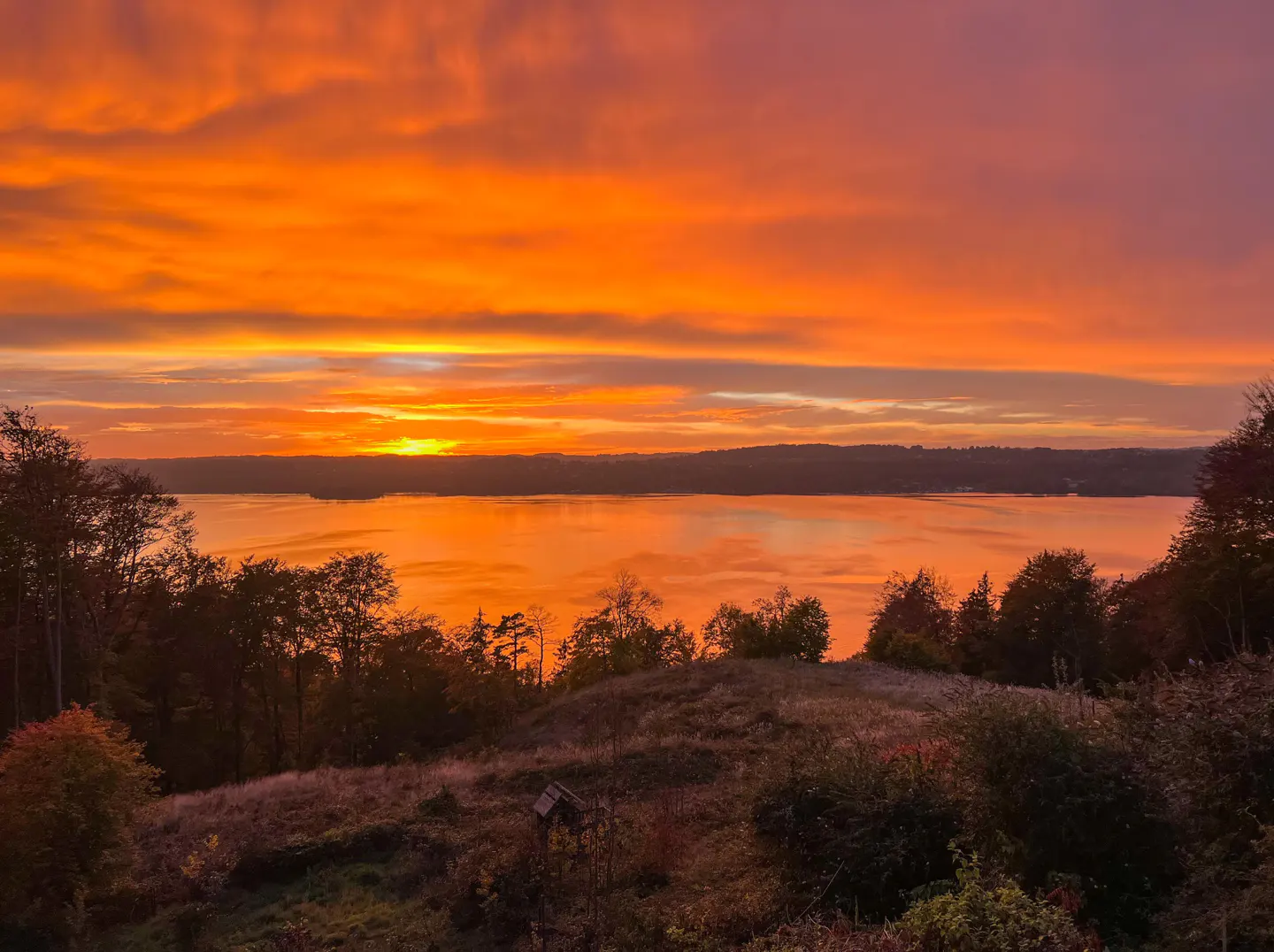 Scenic view of a lake reflecting a vibrant orange and red sunset, framed by trees and a grassy hill.