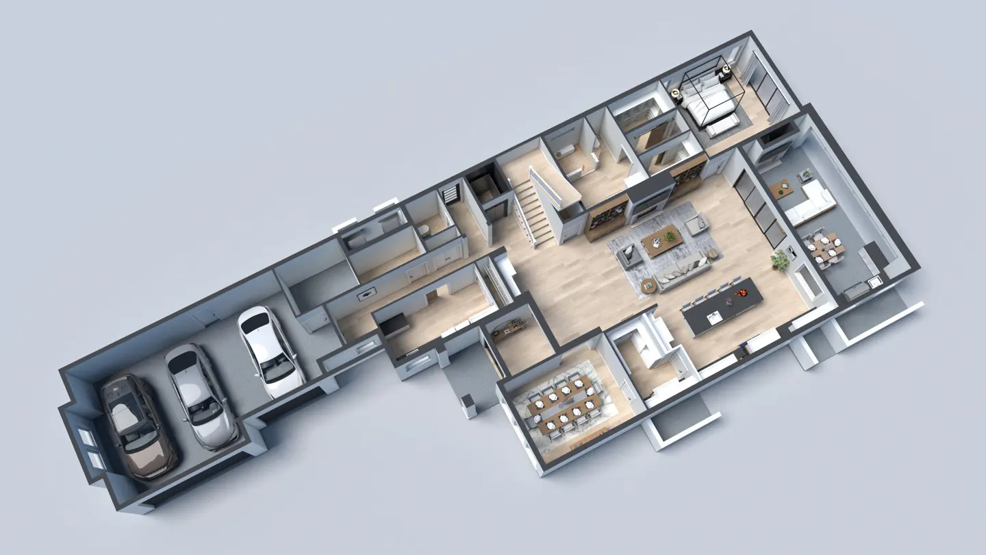 Floor plan of a modern house with a garage containing three cars, a dining room, a living room, a kitchen, and a bedroom.