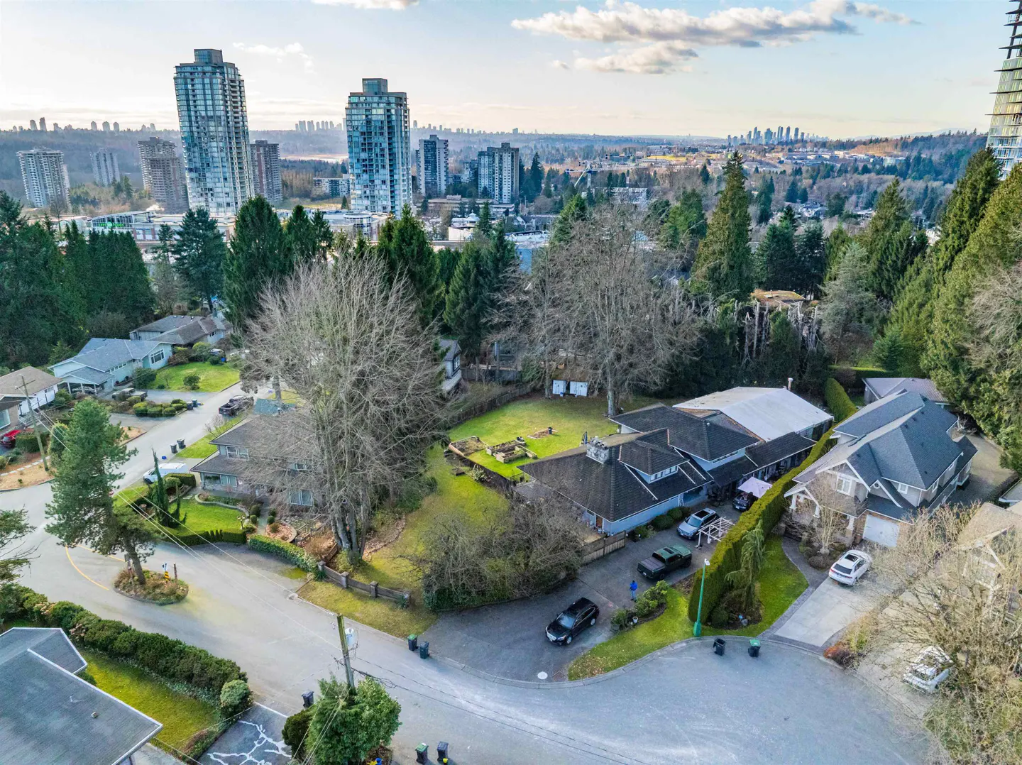 Aerial view of a suburban neighborhood with houses, trees, and city skyline in the background.