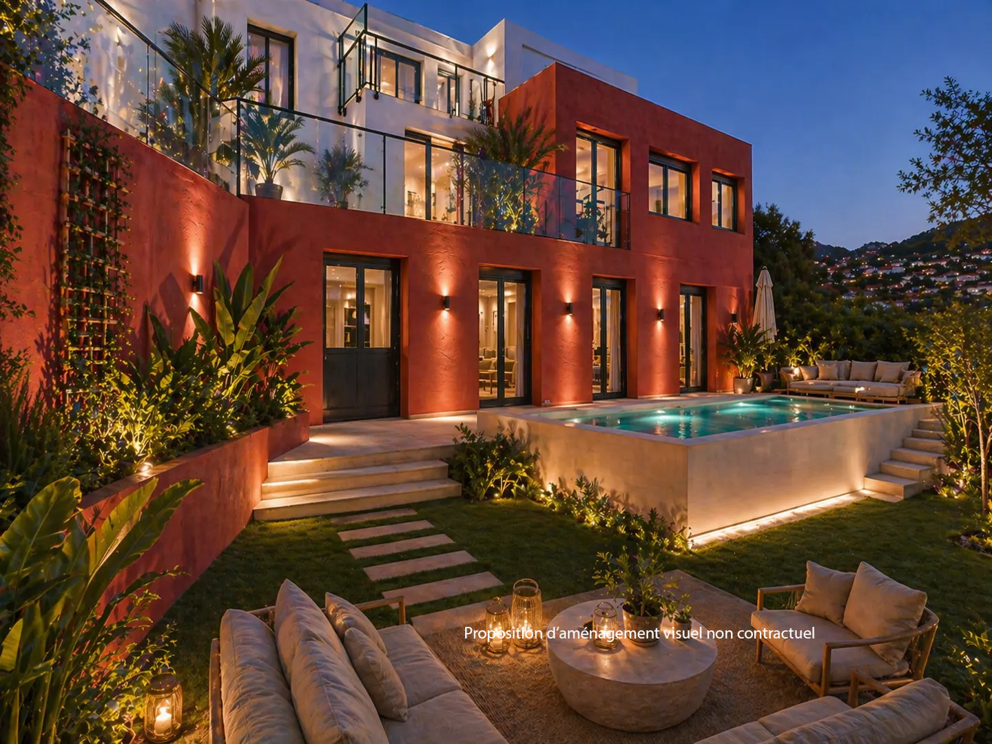Two-story house with a pool and outdoor seating at dusk. The house is red and white with black framed windows. The pool is lit up and there is a seating area with a couch and chairs.