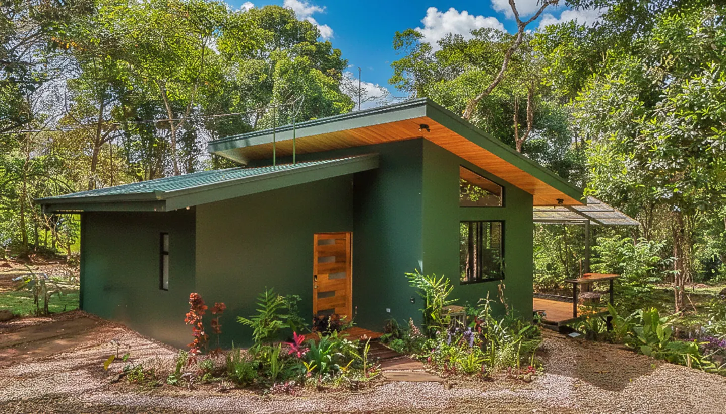 Exterior of a modern, green house with a wooden door and trim, surrounded by lush greenery.