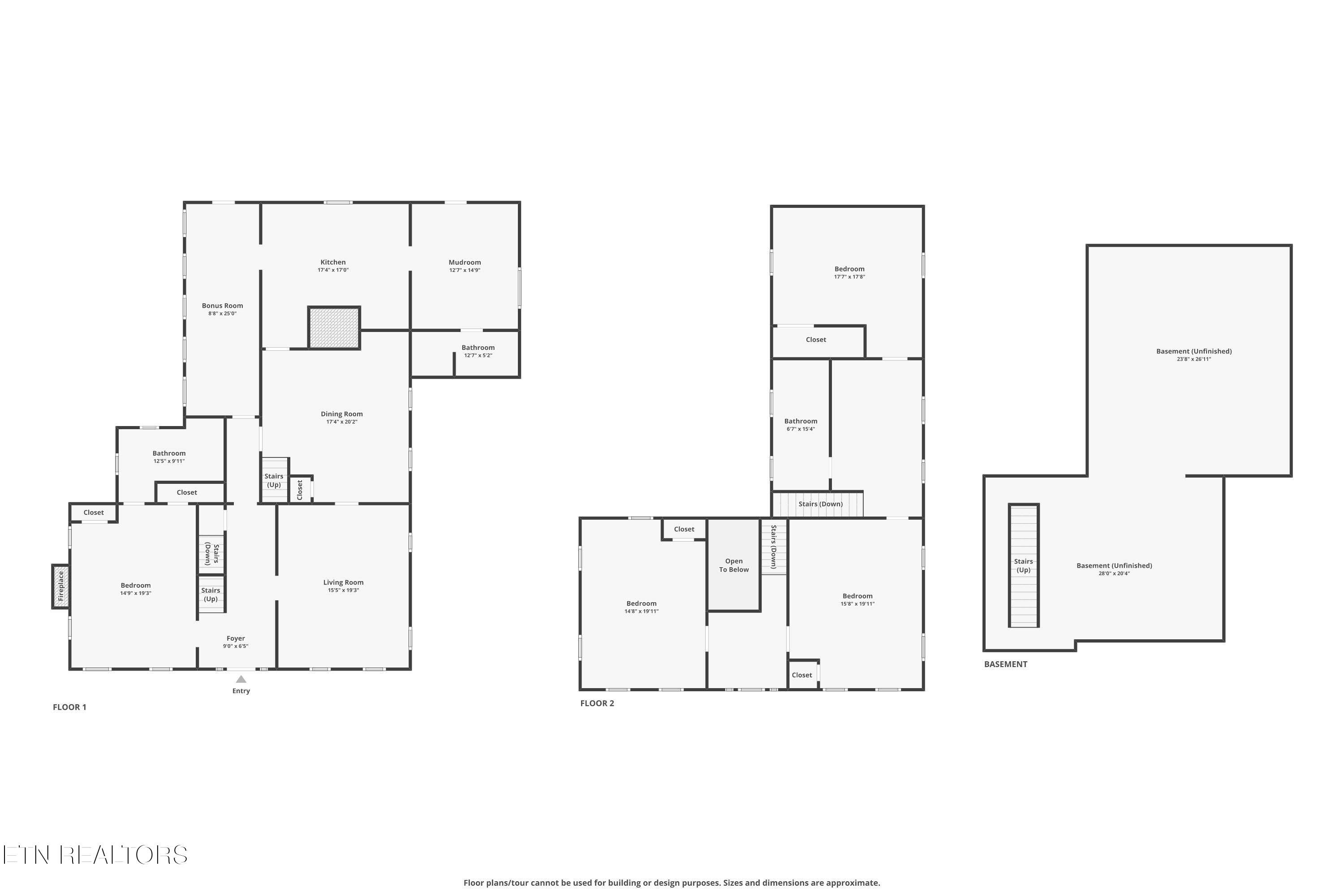 Black and white floor plan showing the layout of a first floor, second floor, and unfinished basement.