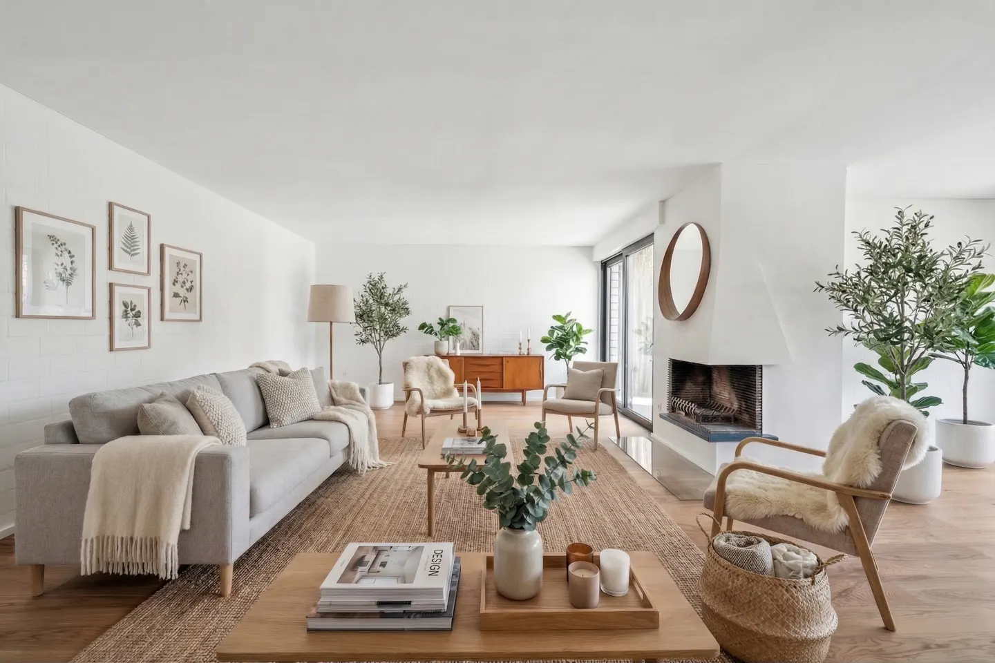 Bright living room with white walls, wood floors, and a jute rug. A gray sofa, chairs, plants, and a fireplace create a cozy, modern space.