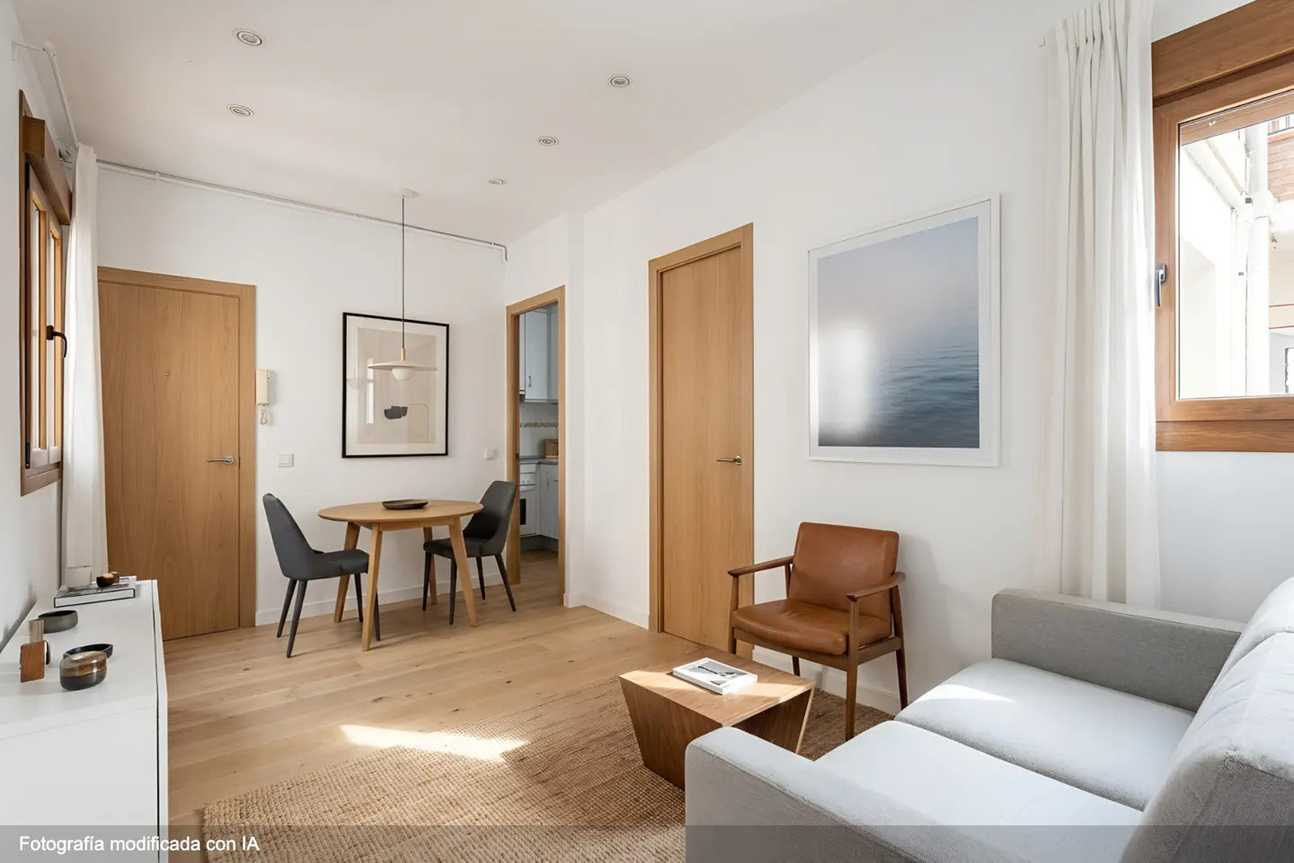 Bright living room with wood floors, white walls, and modern furniture. A round table with chairs sits near a door, and a gray sofa faces a brown leather chair.