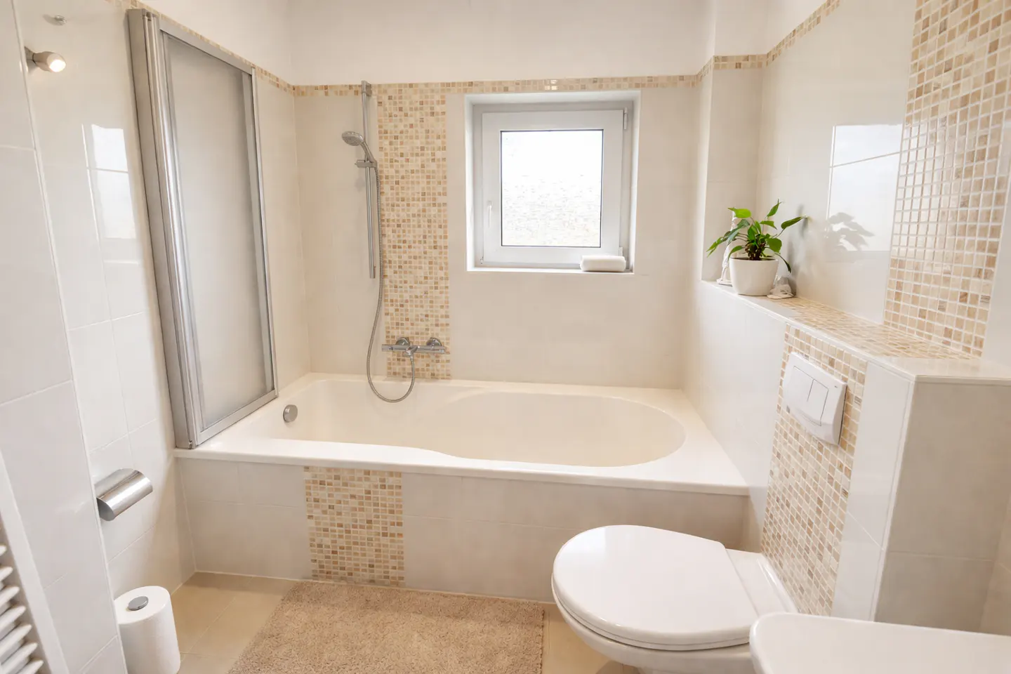 Bright bathroom with white walls, beige mosaic tiles, a bathtub with shower, toilet, and a small window. A green plant sits on a shelf.