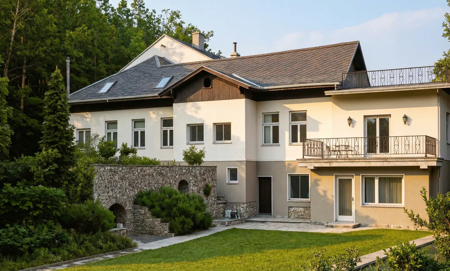 Exterior view of a two-story house with a gray roof, white walls, and a stone wall with greenery in front.