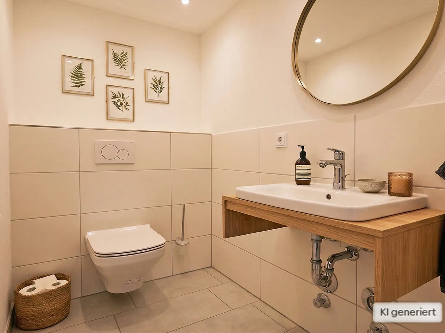 Bathroom with white tiled walls, toilet, and sink with wood counter. Round mirror hangs above sink. Four framed botanical prints on wall.