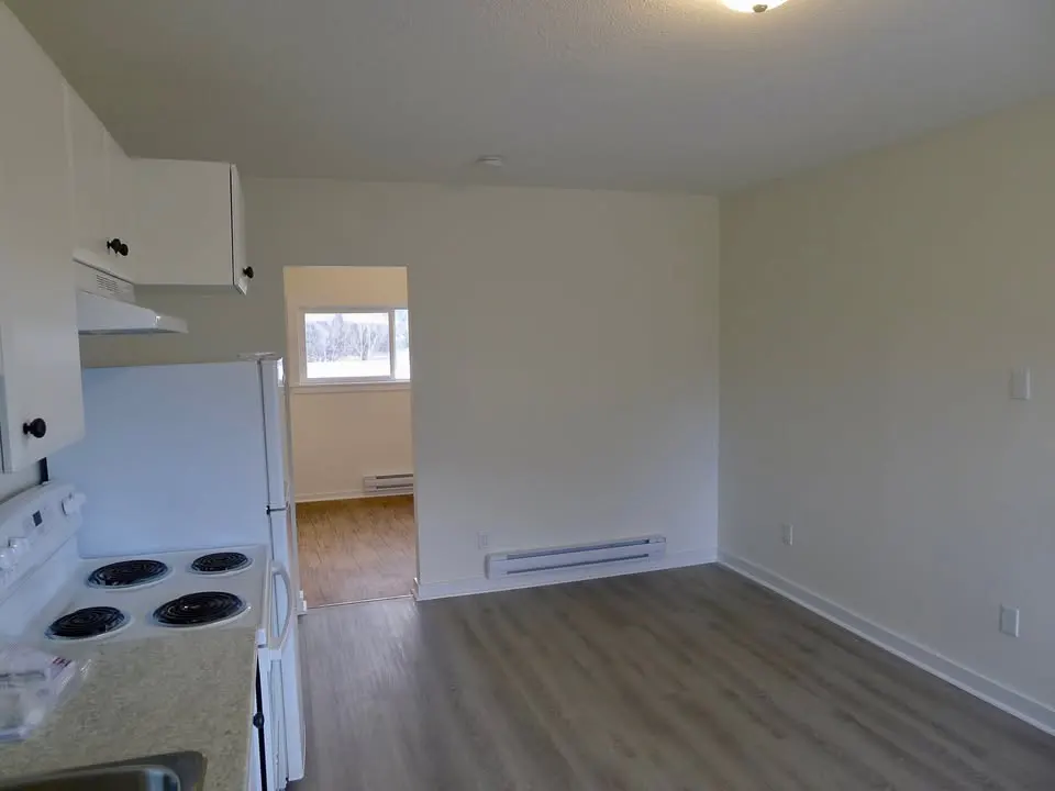 A bright, empty apartment with gray wood floors, white walls, and white kitchen appliances.