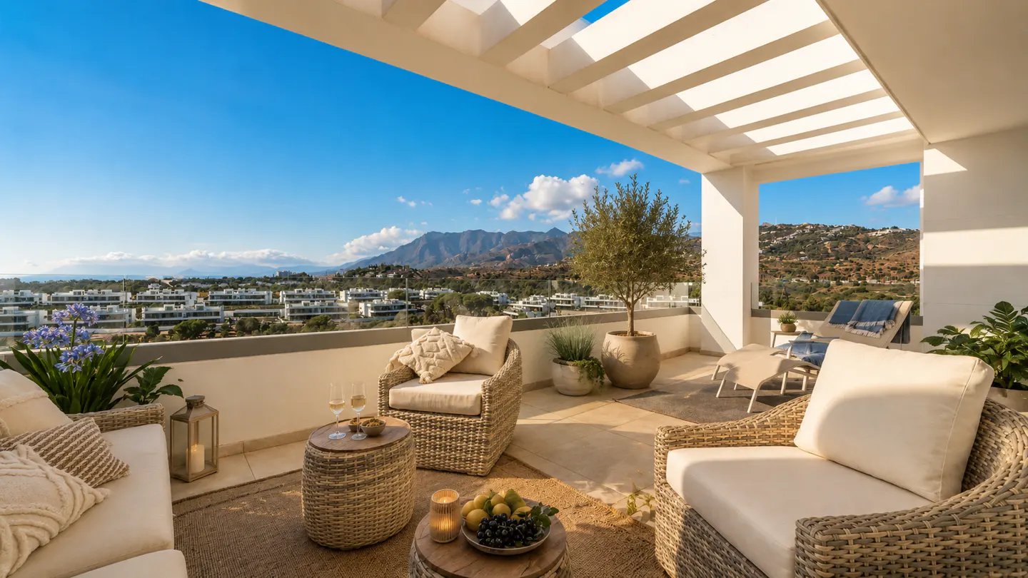 A sunlit balcony with wicker furniture, a white sofa, and a view of mountains and buildings under a blue sky.