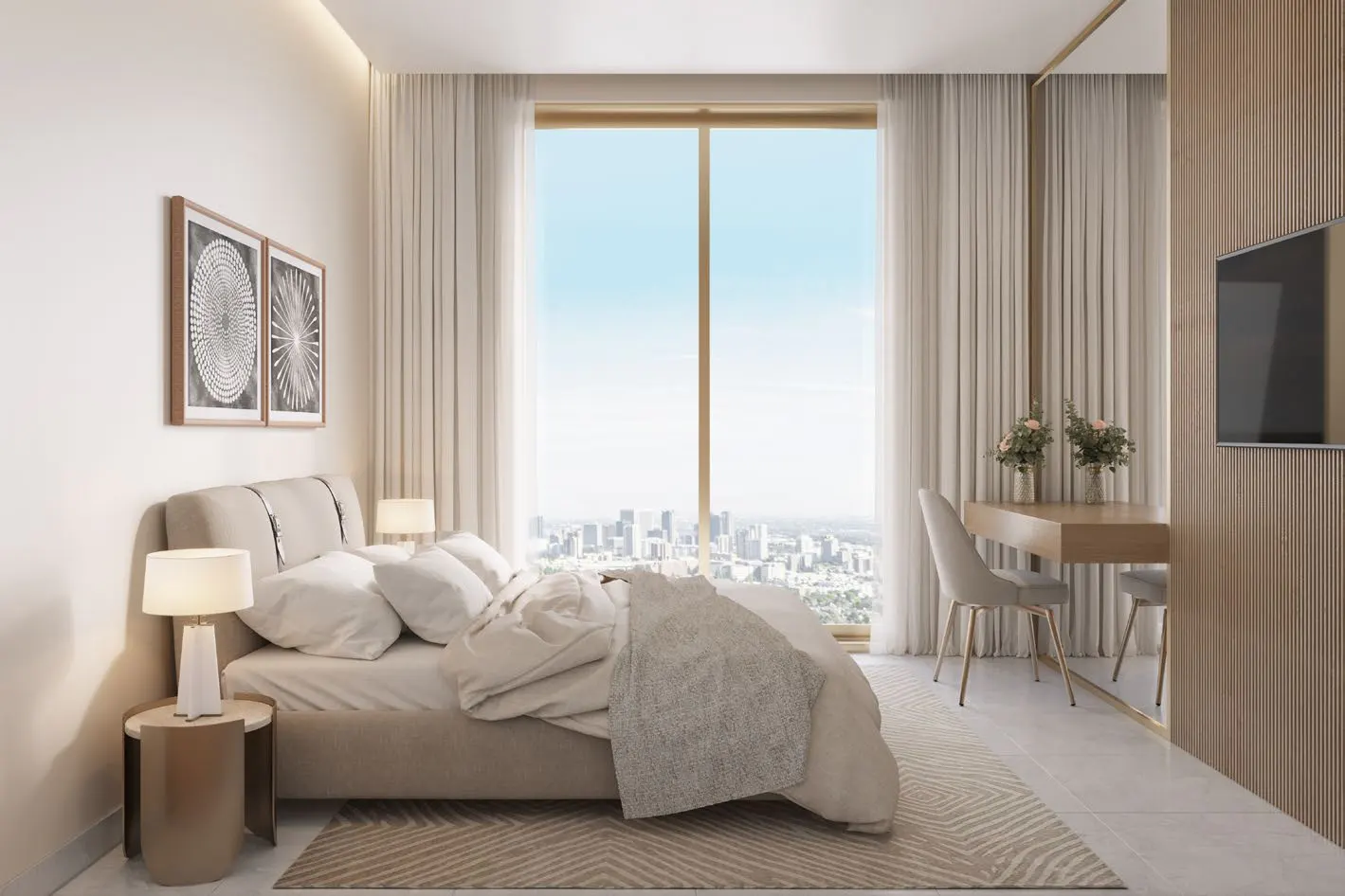 Bedroom with a large window overlooking a city. A bed with white linens, a desk with flowers, and a TV are visible.