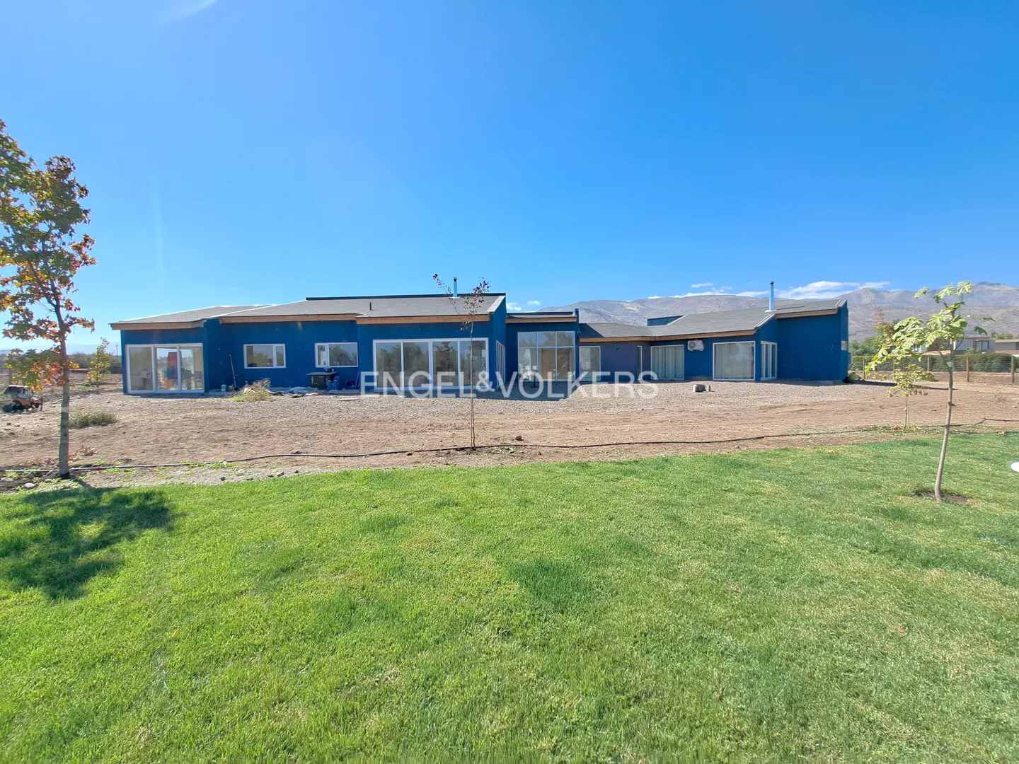 Exterior view of a long, blue, single-story house with large windows, a green lawn, and a clear blue sky.