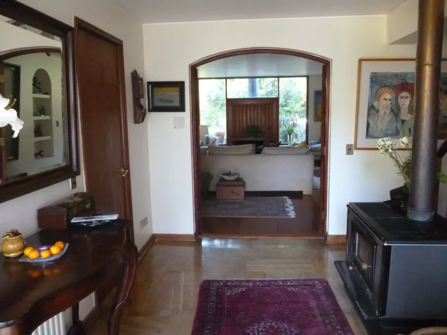 Interior view of a home with wood floors, a black wood stove, and an arched doorway leading to a living room.