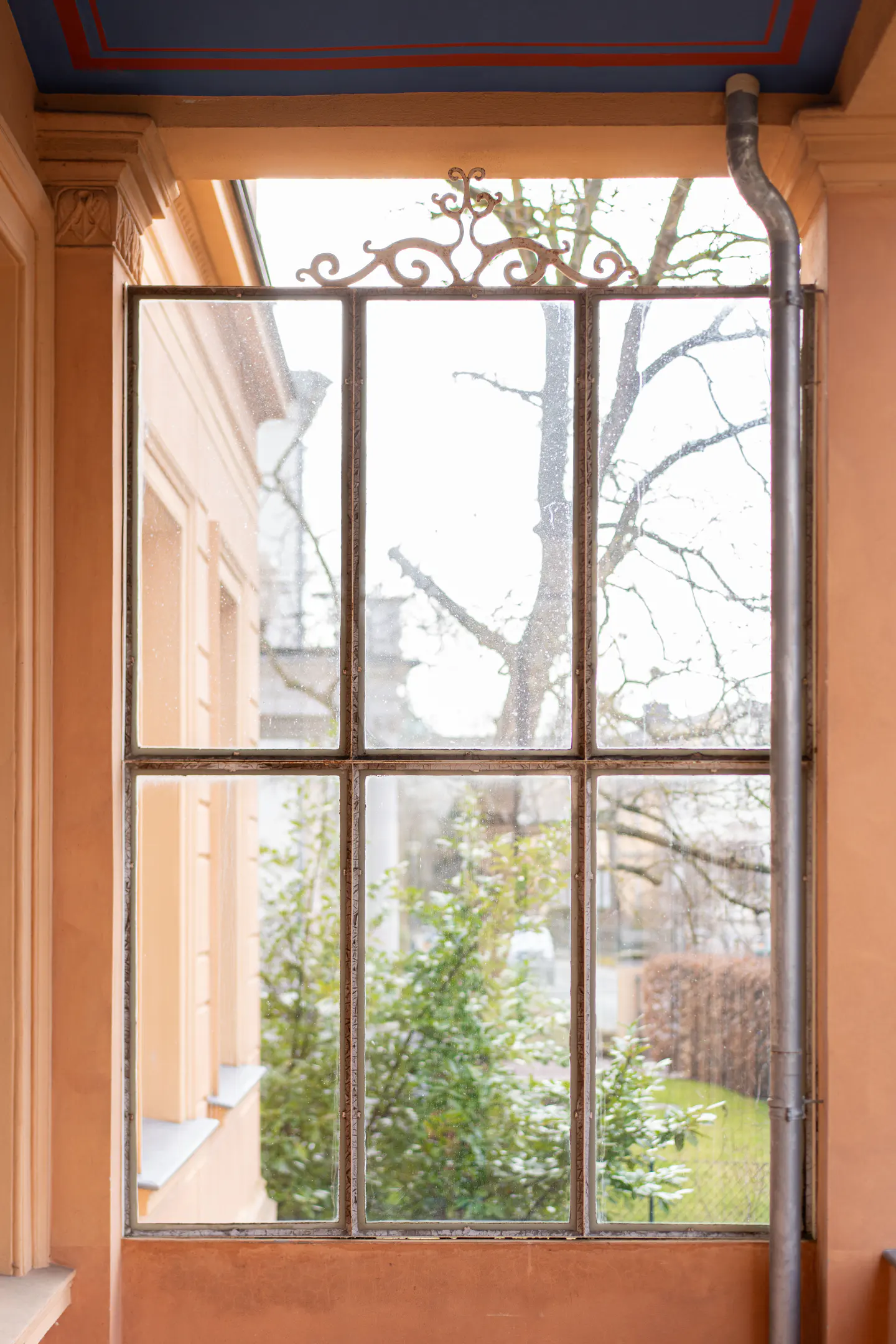 View from a peach-colored porch through a six-pane window with decorative ironwork, showing trees and a building outside.
