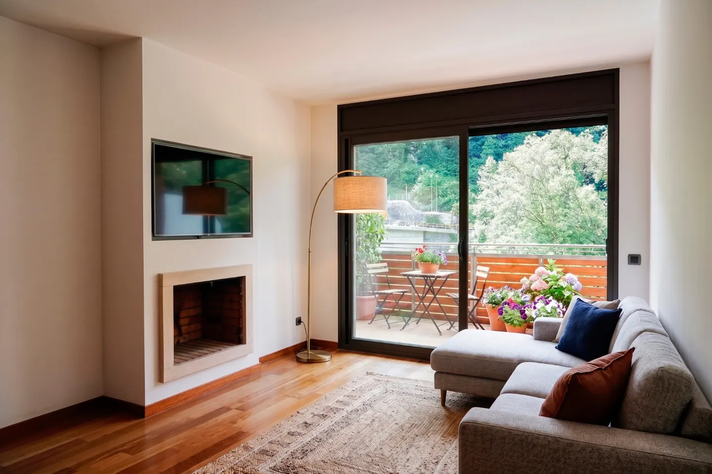 Living room with gray sectional sofa, fireplace, TV, and balcony with table, chairs, and flowers. Hardwood floors and area rug.