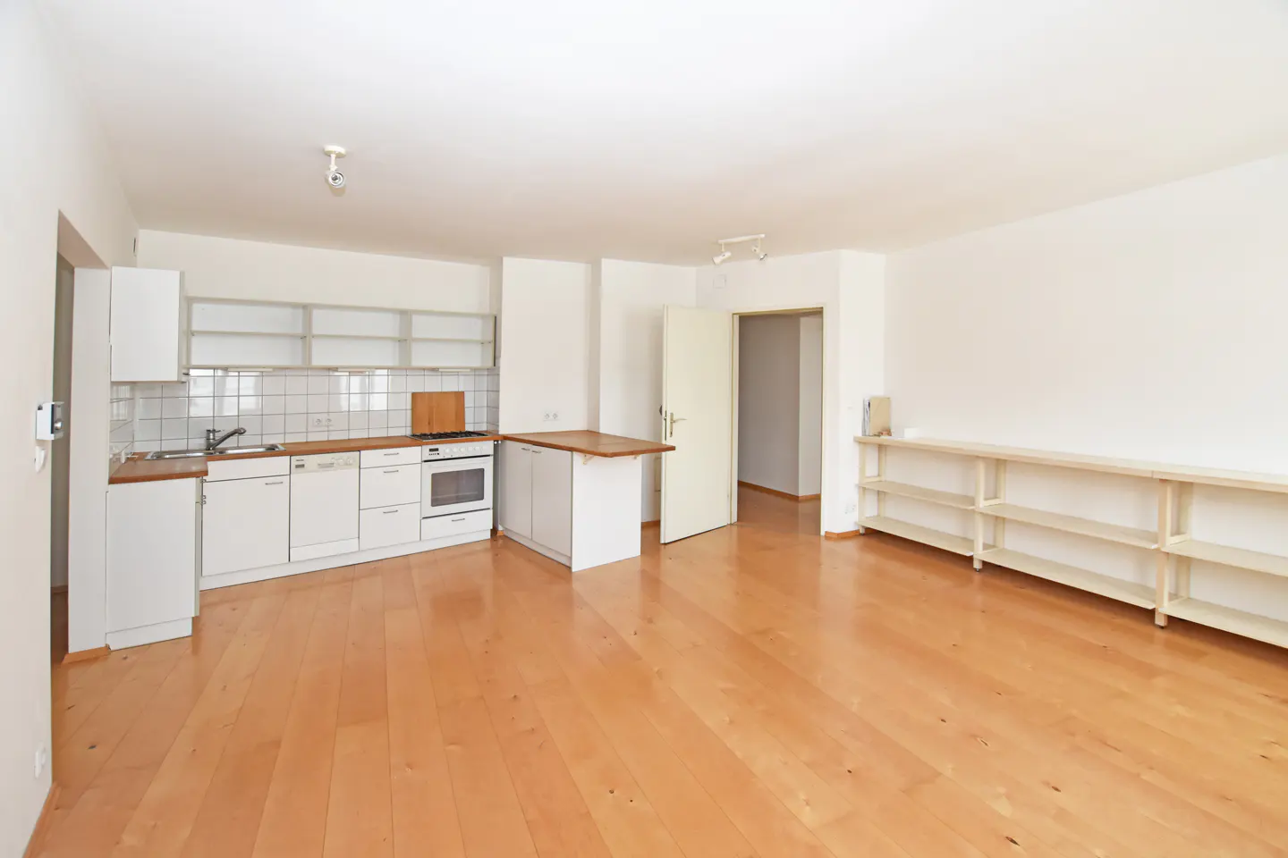 Bright, open-concept apartment with white kitchen cabinets, wood floors, and built-in shelving.