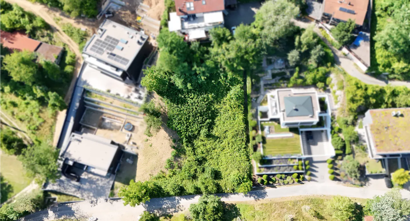Aerial view of a vacant lot with green trees, surrounded by houses and a road.