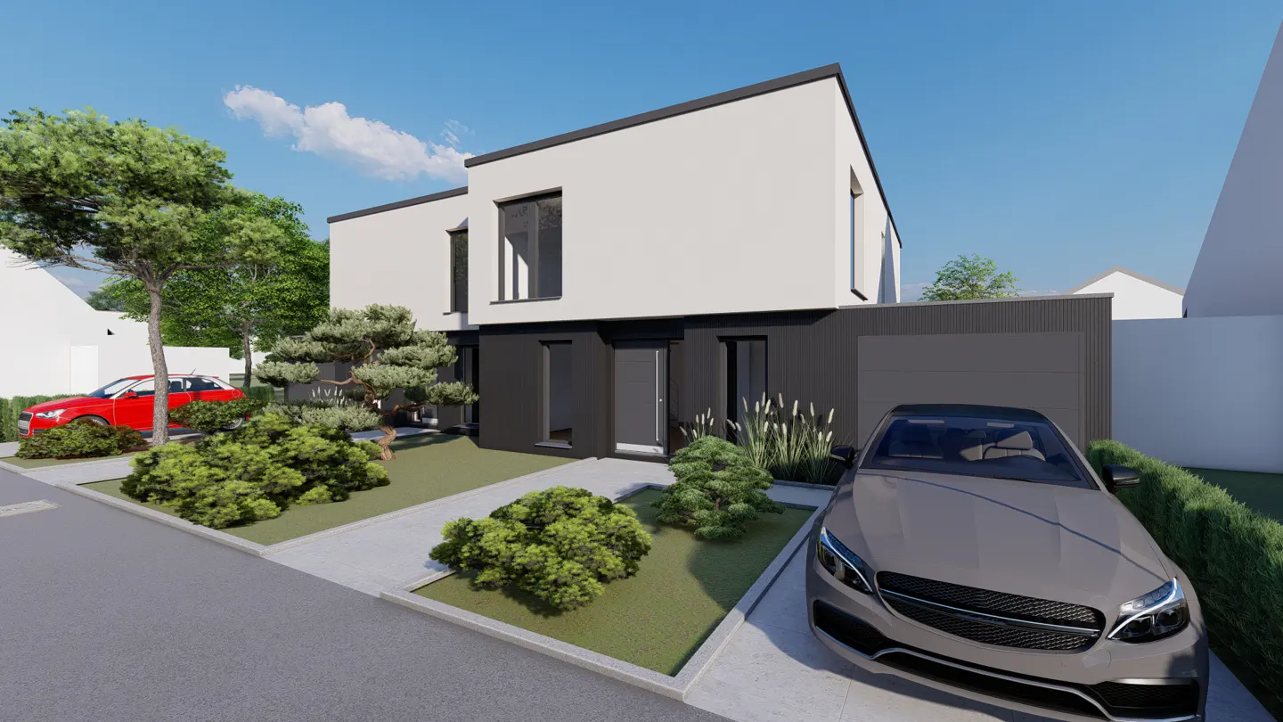 Modern two-story house with white siding and black trim. A gray car is parked in the driveway, and a red car is visible in the background.
