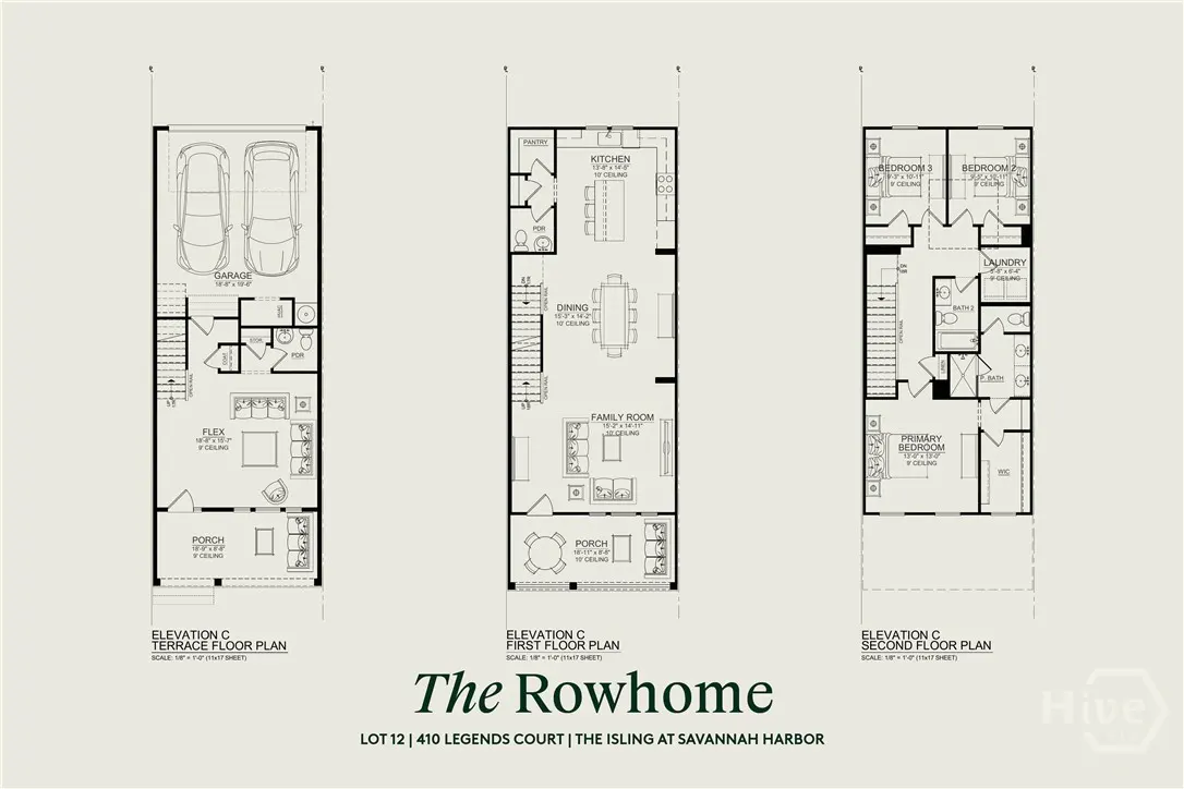 Floor plan for "The Rowhome" at Savannah Harbor. Includes terrace, first, and second floor layouts with room names and dimensions.