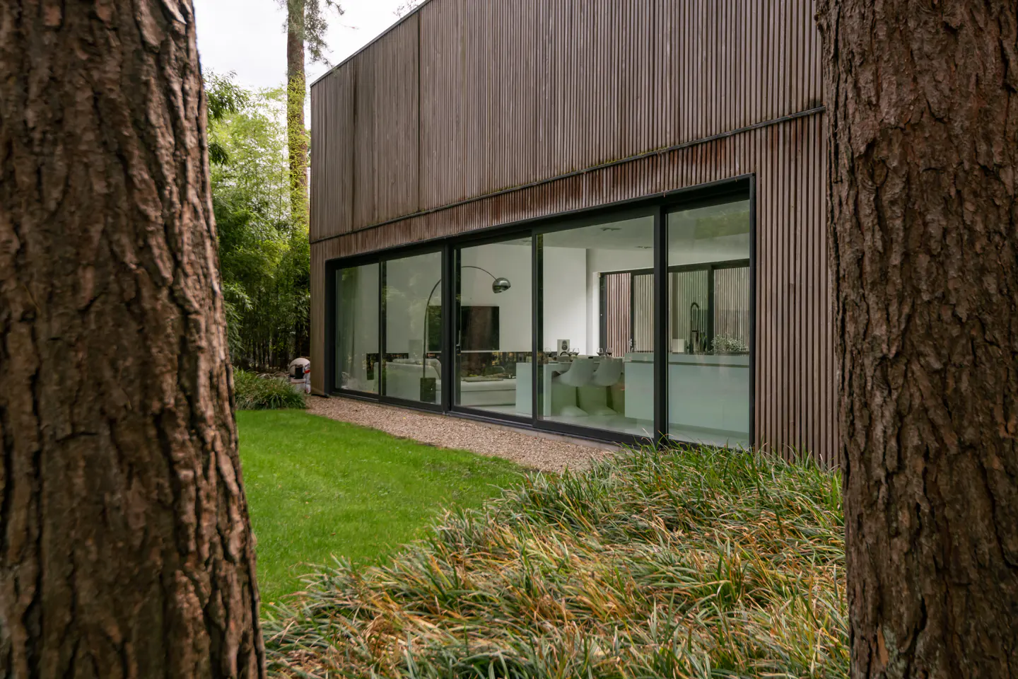 Modern home with vertical wood siding and large glass sliding doors, viewed from a garden framed by two large tree trunks.
