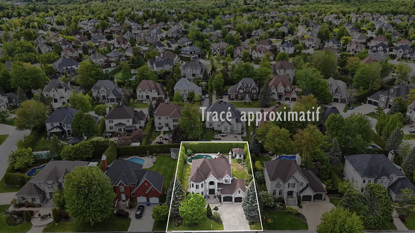 Aerial view of a suburban neighborhood with a white outline highlighting a single-family home and its backyard pool.