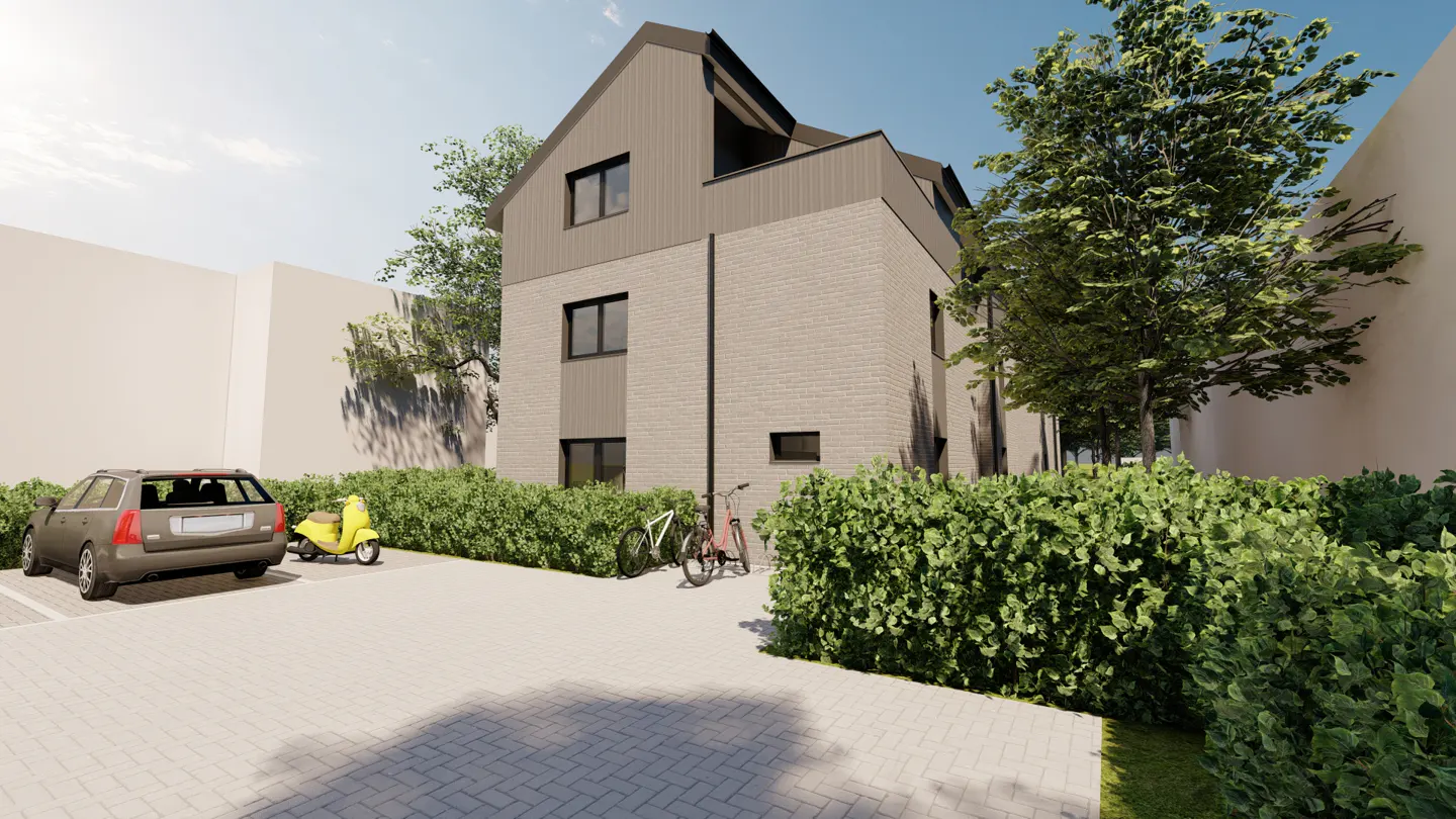 Exterior view of a modern, three-story gray brick building with a gray roof, surrounded by green bushes, a car, and a scooter.