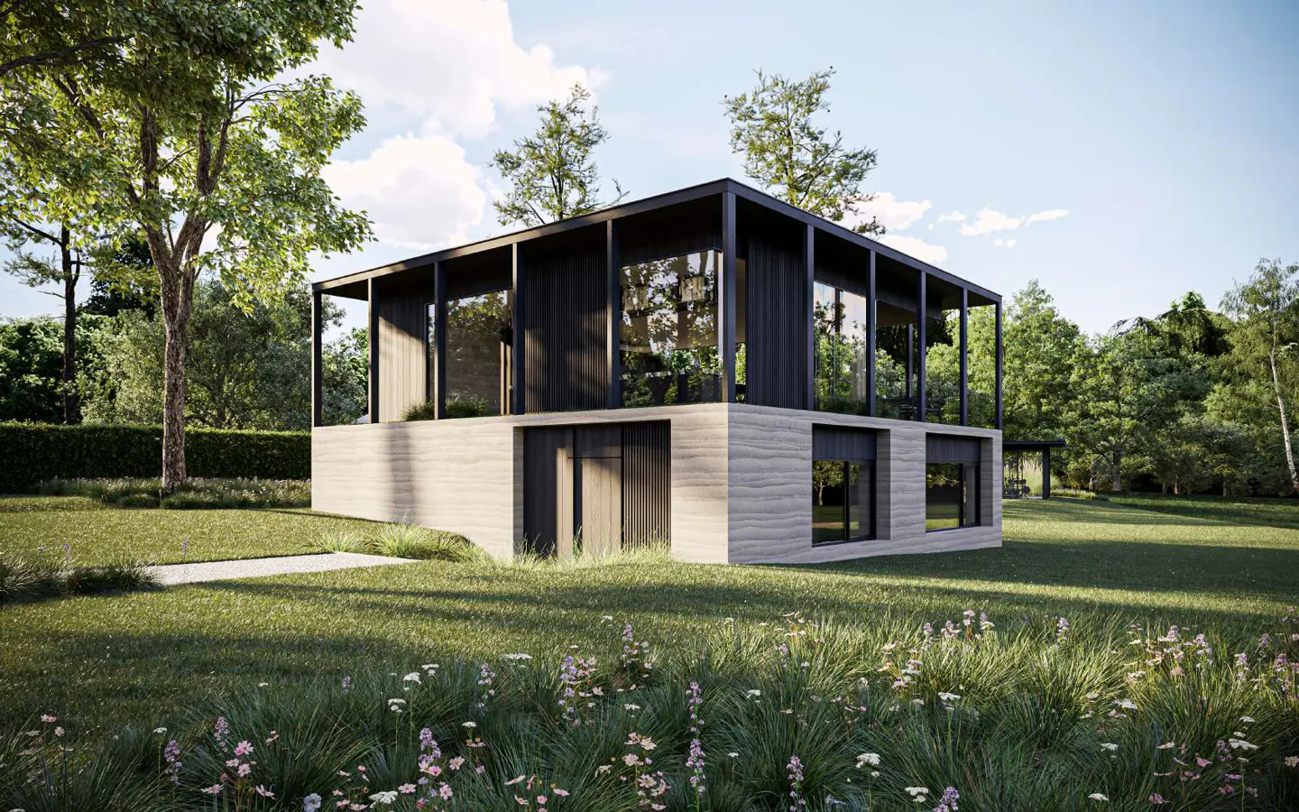 Two-story modern house with black trim and large windows, surrounded by green lawn and trees under a blue sky.