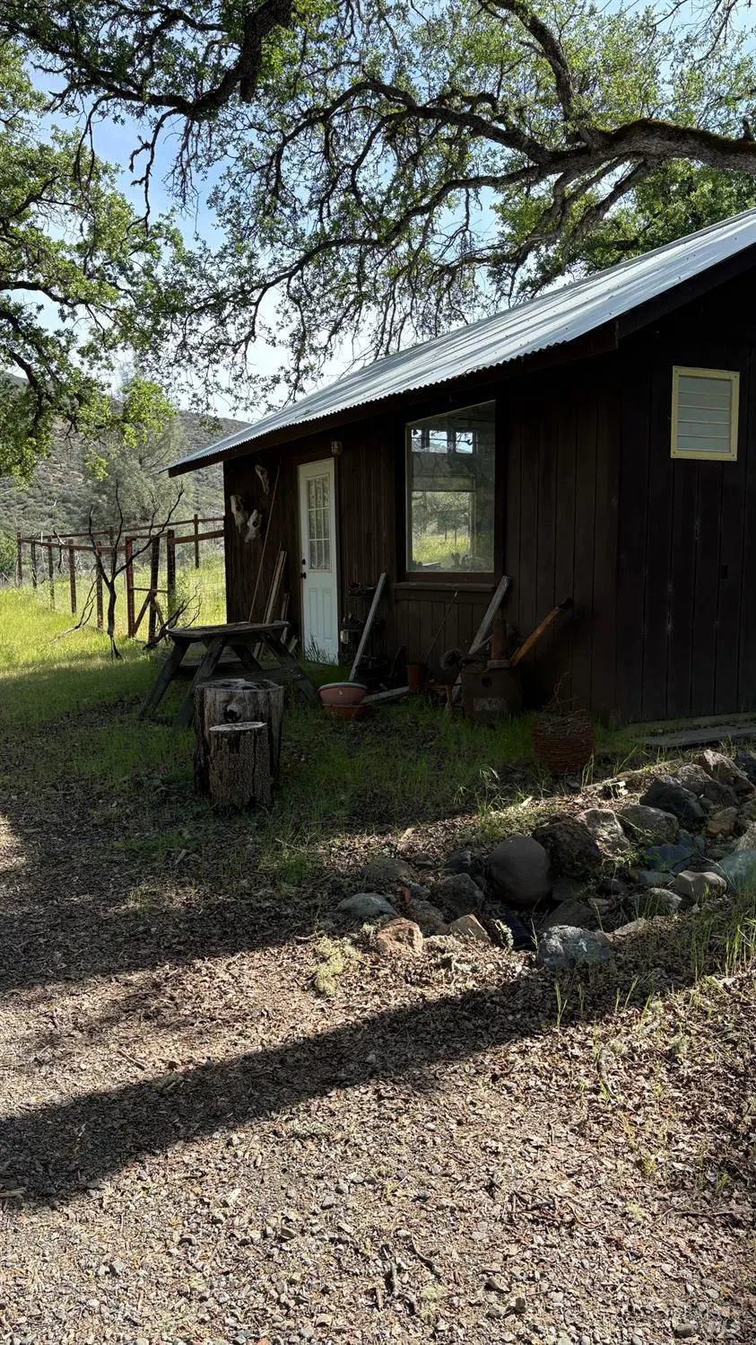 Exterior view of a rustic brown cabin with a white door and metal roof, surrounded by green grass and trees.