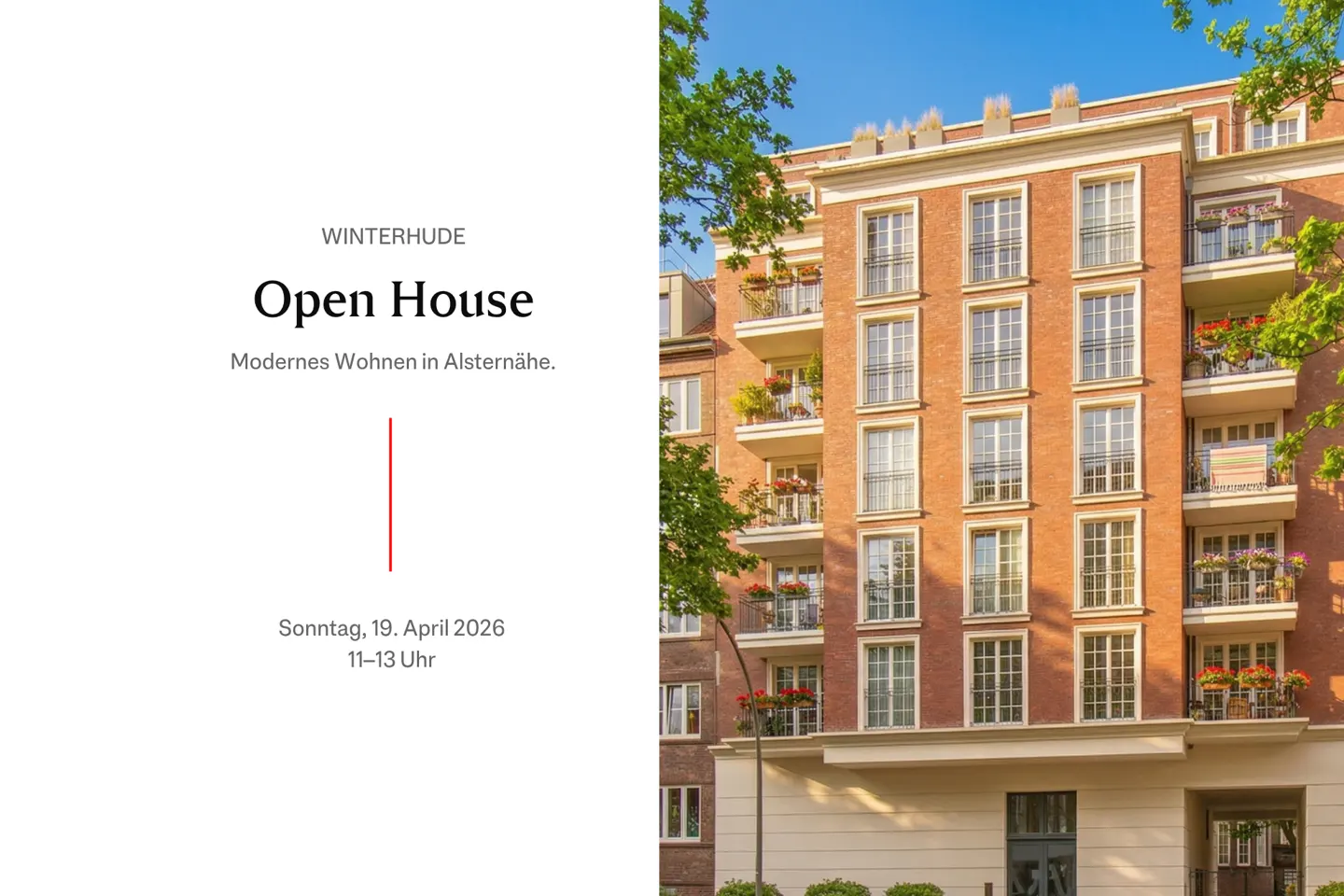Brick apartment building with white windows and balconies with flowers. Text: "Open House".